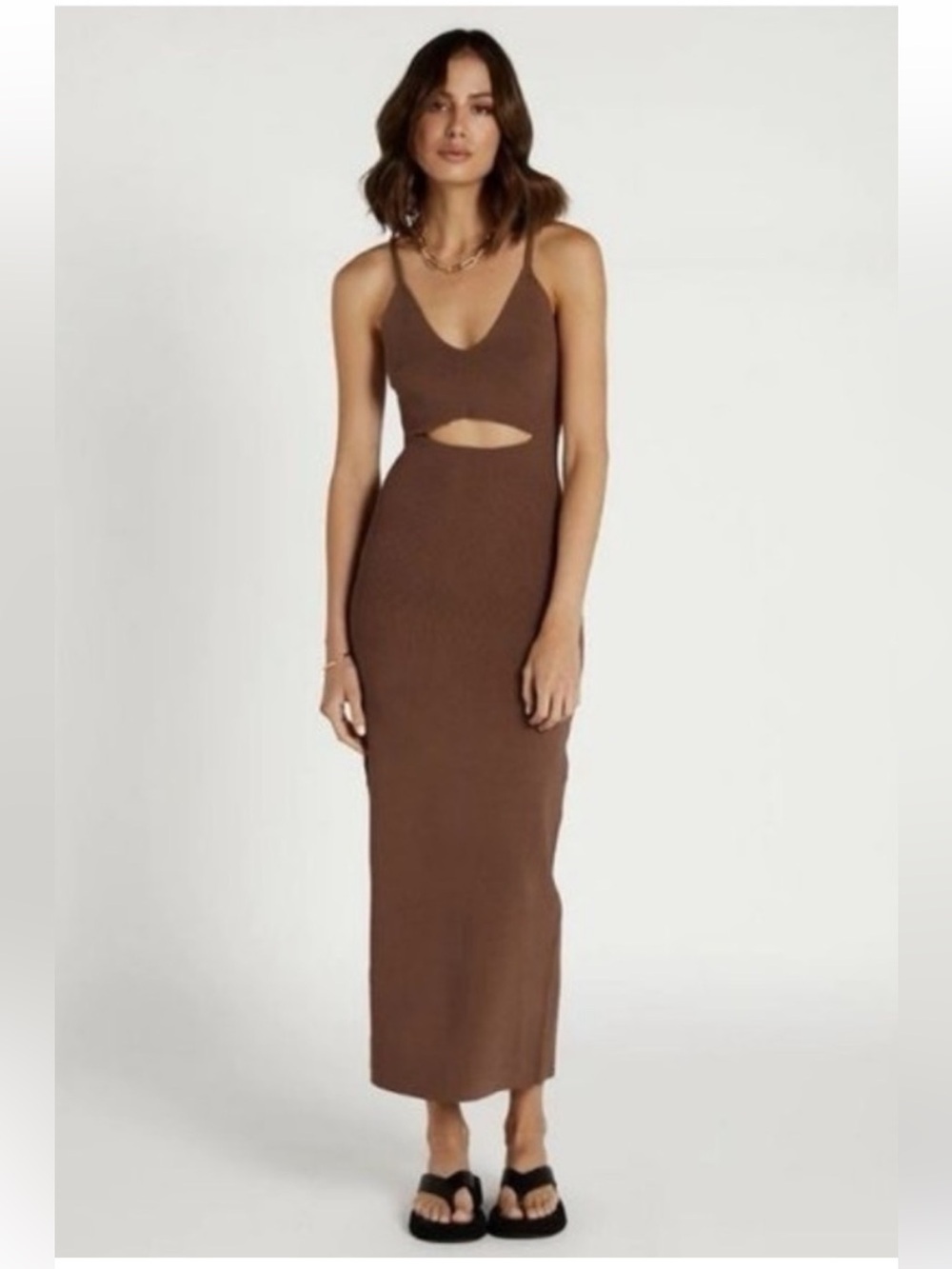 DISSH Brown Ribbed Midi Dress with Cutout